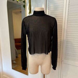 Black Sheer Mesh Mock Neck Long Sleeve Top